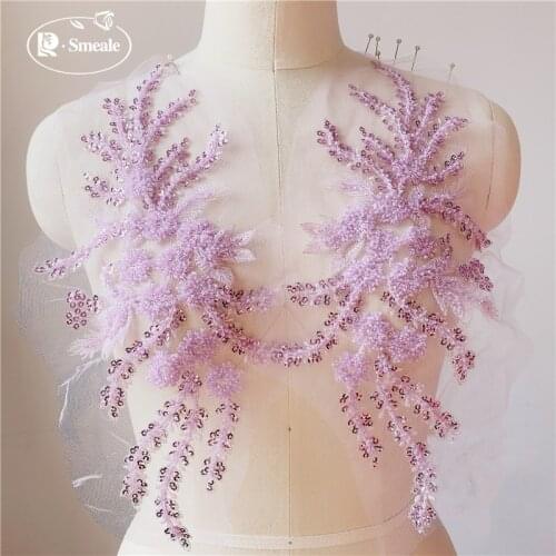 2PCS/1Pair 15*37cm 3D Beaded Sequins Decals Mirror Flower Lace Evening Dress Front Chest Decoration Accessories RS3041