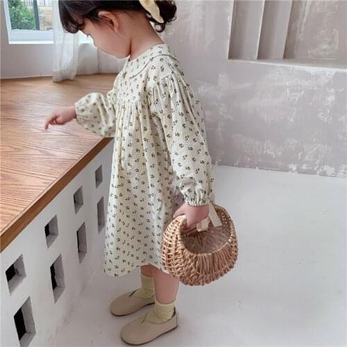2021 Spring Cute Girls Doll Collar Floral Dress 1-6 Years Kids Cotton Loose Long Sleeve Dresses Clothings