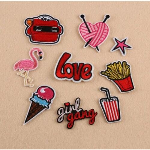 9pcs/lot Heart French fries Flamingo Patches Iron On Embroidery Patch Badges Applique Clothes Clothing Sewing Supplies DIY
