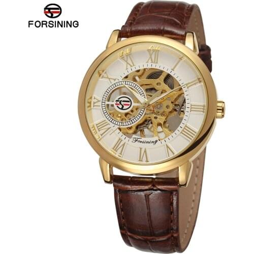 FORSINING Mens Watch Fashion Mechanical Leather Skeleton Casual Analog Best Brands Wristwatch Color Gold FSG8099M3