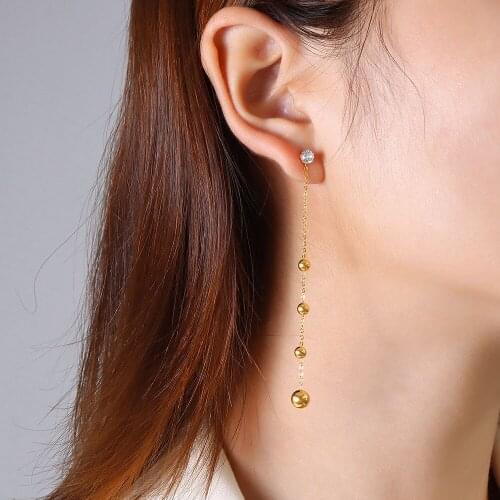YAONUAN French Simple Long Tassel Earrings Gold Plated Small Balls Titanium Steel Drop Earrings For Women Fashion Jewelry Party