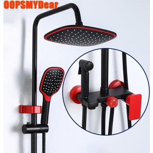 Hot Cold Shower System Bathroom Wall Mount Round Head Shower Set SPA Rain Fall Full Kit Bath Faucet Black&Red Mixer Torneira Tap