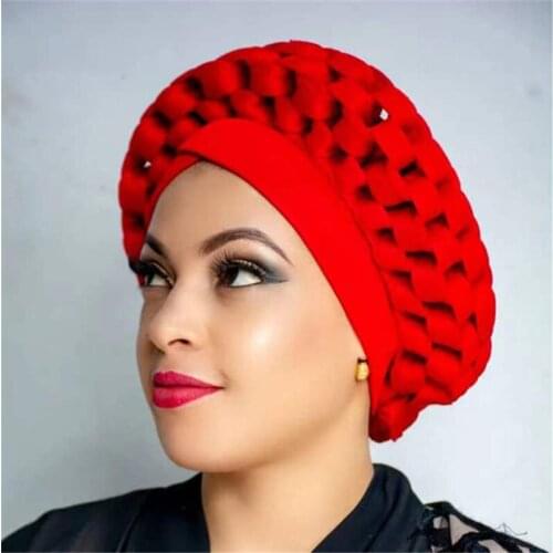 Nigeria Already Made Gele Cap for Patry African Gele Headtie With Colorful Turban Head Head Wrap Cap Auto Aso Oke 2pc Adjustable