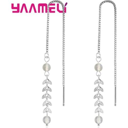 Korean Fashion Long Line Tail Leaves Crystal Drop Earrings New 925 Sterling Silver Ear Jewelry For Women Fine Gift Party Wedding