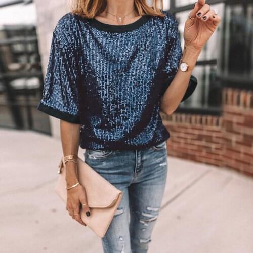 Fashion Women Sequins T-Shirt Ladies Summer Short Sleeve Glistening Sequin Loose Tops 2021 Women O-Neck T Shirts