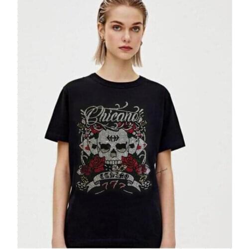 Fashion Women Skull T-Shirt Diamonds Short T Shirt O-neck Tees Regular Tops Women Summer
