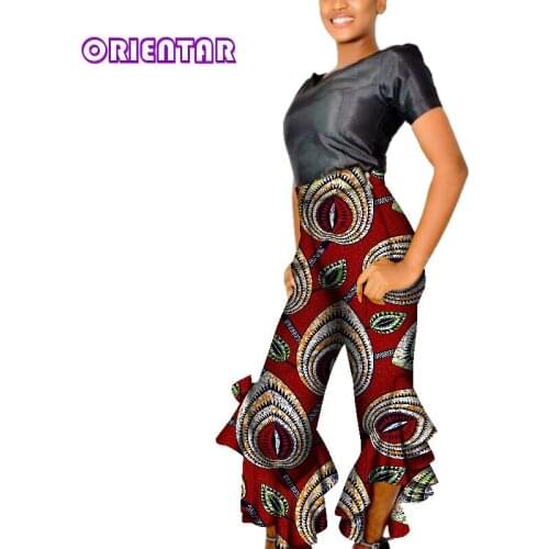 Fashion Women African Pants African Wax Print Ruffles Bell-bottoms Pants for Women African Clothing Cotton Female Pants WY3659