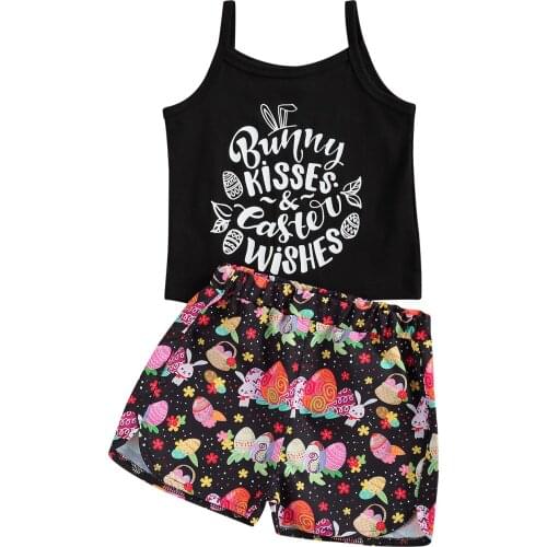2Pcs Fashionable Little Girls Easter Outfit, Summer Sweet Style Letter Sleeveless Suspender Top + Bunny Floral Printing Shorts