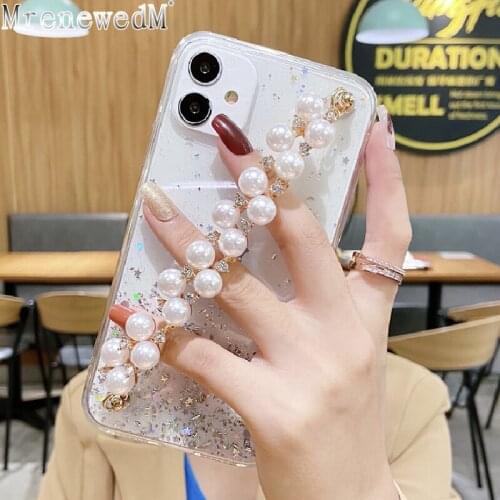 MrenewedM 12 Pro Max Luxury Transparent Glitter Phone Case For iPhone 11 XR XS MAX Wrist Bracelet Soft Cover On SE2 6S 7 8 Plus