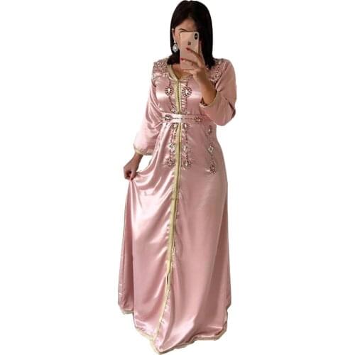 Eightale Muslim Caftan Evening Dress V-Neck Beaded Dubai Long Sleeves Pink Arabic Kaftan Floor Length Prom Party Dress