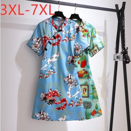 New 2021 Ladies Chinese Summer Plus Size Mini Dress For Women Large Short sleeve Slim Floral Print Dress 3XL 4XL 5XL 6XL 7XL