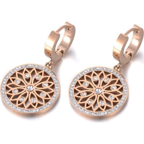 New Original Design Stainless Steel Flower Rattan Disc Earrings Jewelry Trendy CZ Crystal Hoop Earrings For Women E19269