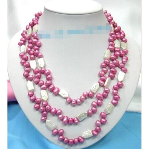 Popular 3strds baroque white pink cultured pearls necklace 18"