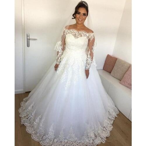 Simple Long Sleeve Wedding Dresses 2021 New ball gown Lace Applique Floor Length Lace Up Illusion Bridal Gowns Wedding gown