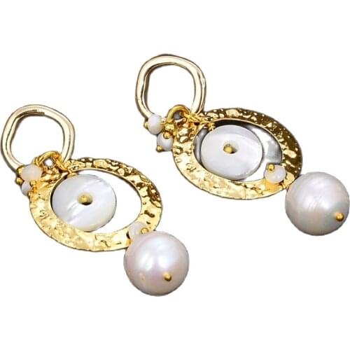 JK Handmade Natural White Rice Pearl Coin Shell Pearl Crystal Gold Plated Circle Dangle Stud Earrings