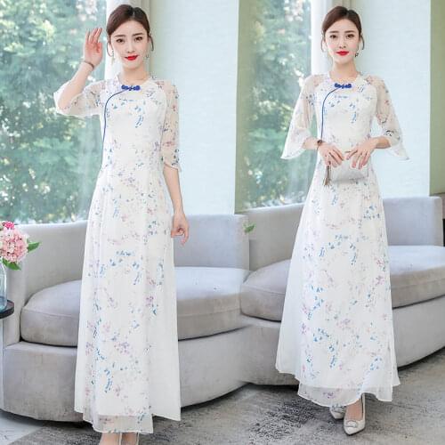 Chinese Style Spring Cheongsam Chiffon Dress Ladies Elegant Slim Retro Button Long Dress Ladies Fashion Print Runway Qipao R241
