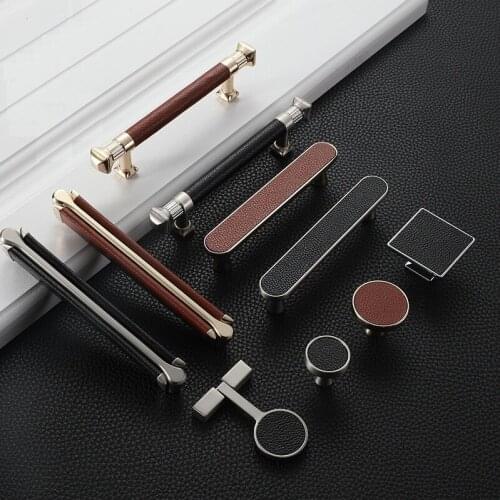 Vintage Leather Cabinet Knobs and Handles Wardrobe Kitchen Cupboard Door Pulls European Zinc Alloy Furniture Handle Hardware