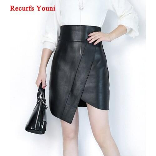 RYS8343 Women Harajuku Fashion Show High Waist Asymmetrical Oblique Fork Black Skirt Femme Genuine Leather Streetwear Wrap Gonne