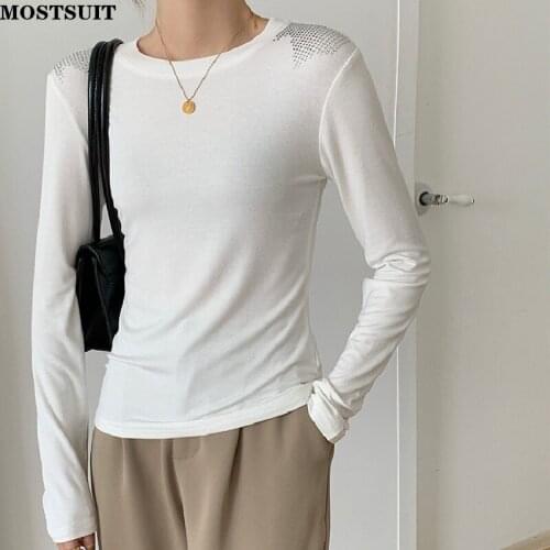 Casual Solid Stylish T Shirt Tops Women Full Sleeve O-neck Slim Tees Korean Elegant Fashion All Match T-shirt Femme 2021