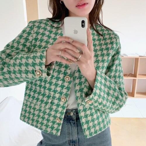 Womens Elegant V Neck Long Sleeve Short Jacket Spring Autumn Houndstooth Vintage Office Wear High Street Crop Jackets Outwear
