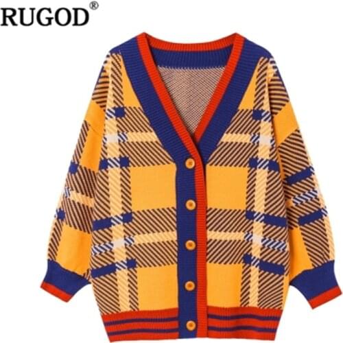 Womens sweater 2020 korean style vintage plaid v-neck knitted carigans color blocking long-sleeved loose warm sweater
