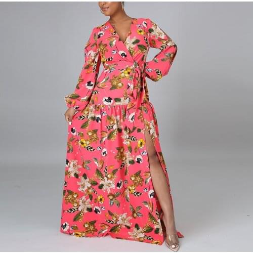 Women Maxi Dress Long Lantern Sleeve V Neck Floral Printed Slit Fashion and Loose Elegant Party Dress 2021 Summer