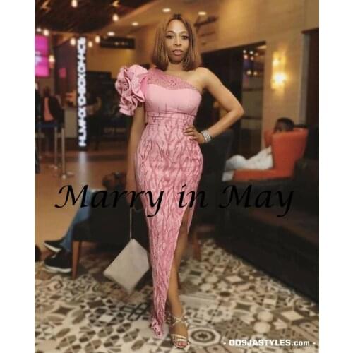 Sexy Front Split Light Pink Afrabic Dubai Prom Dresses One Shoulder Plus Size Formal Evening Occasion Gowns Robe De Soiree