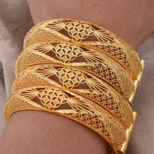 4Pcs/Set Gold Color Dubai Bangles for Women Ethiopian Luxury hollow Bracelets Middle East Wedding Jewelry African Gifts