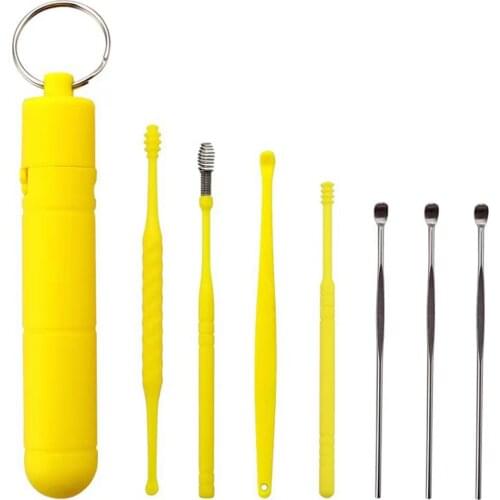 7PCs/Set ABS Earpick Curette Reusable Ear Cleaning Wax Remover Spring Spoon Ear Pick Cleanser Earwax Removal Tool Yellow Color