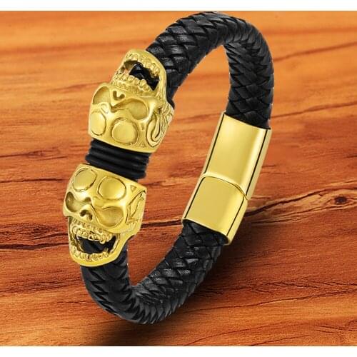 Genuine Leather Men Bracelet Skull Gold Magnetic Jewelry Stainless Steel Charm Black Accessories Braided Rope Bangles