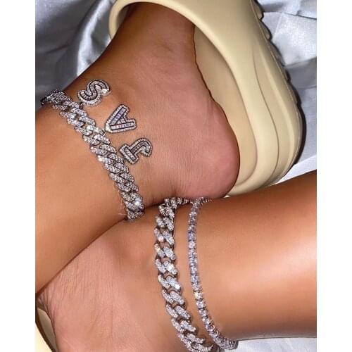 TOP quality 5A cubic zirconia CZ cuban link chain iced out bling all 26 Initial Alphabet DIY letter name charm anklet