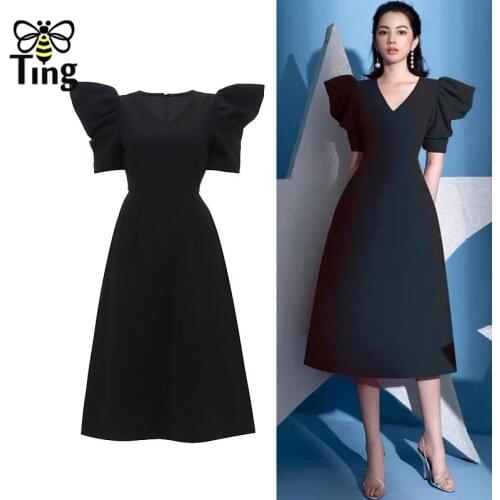 Tingfly Designer Vintage Ruffles Elegant Party Dinner Black Dresses Midi Long Occasion Retro Dress A Line Vestidos Women Zanzea