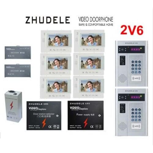 ZHUDELE Building Home security intercom system 6 Units Apartment Video Door Phone for 2 Doors Doorbell intercom 7" TFT monitor