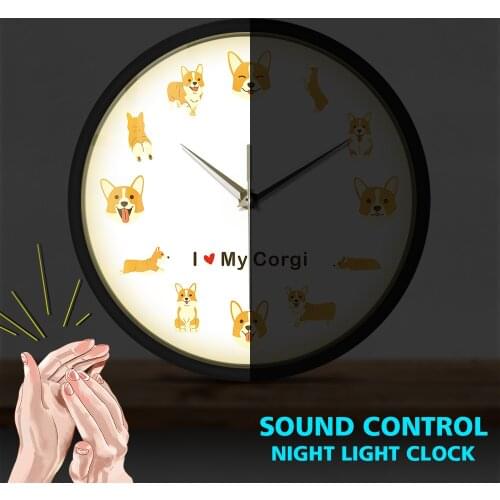 I Love My Welsh Corgi Dog Breed Modern Watch Adorable Doggie Pet Sound Activated Light Emitting Wall Clock Corgi Lovers