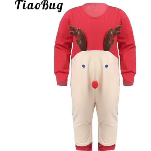 Infant Baby Kids Red Long Sleeve Cute Christmas Reindeer Cartoon Elk Costume Kids Toddlers Romper Jumpsuit Children Xmas Clothes