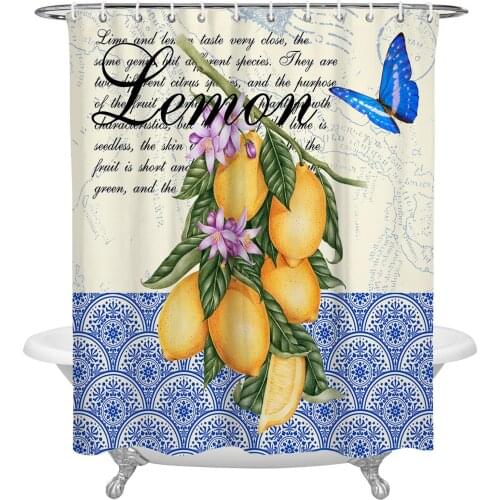 Moroccan Pattern Retro Butterfly Lemon Shower Curtains Bathroom Curtain Waterproof Polyester Frabic Bathroom Curtain with Hooks