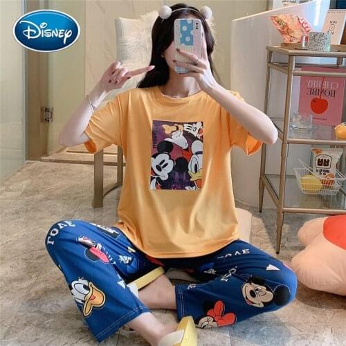 Mickey Minnie cute print ladies cartoon pajamas summer short-sleeved trousers pajamas suit home service suit plaid pants