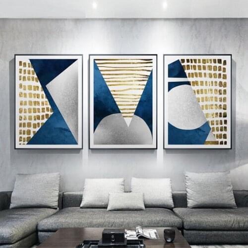 Fancy Abstract Geometric patchwork Golden line spot modern decorative Picture Canvas Wall Art Poster for room hotel office decor