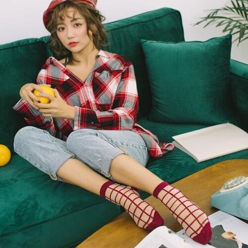 Women Cute Ankle Socks 1 Pair New Spring Color Plaid Women Fashion Crew Socks For Female Breathable Transparent Korea Style Girl