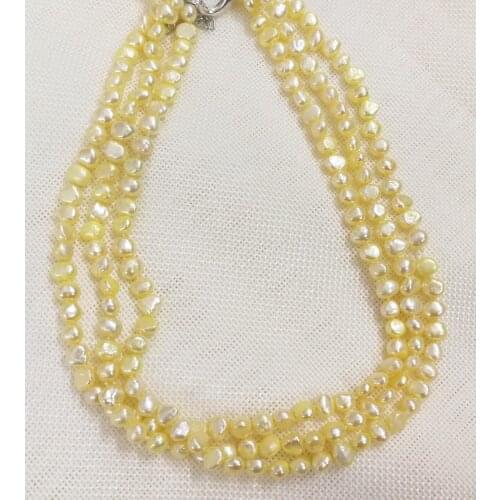 3 rows 9mm light yellow baroque flat pearl choker necklace natural freshwater pearl Woman Jewelry 14'' 35cm 43cm 17