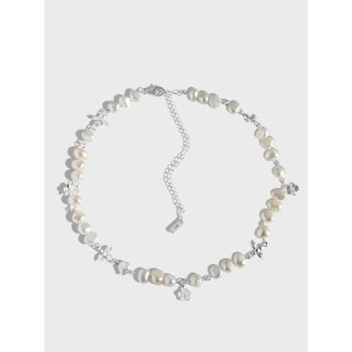 Authentic 925 Sterling silver baroque Pearl Freshwater necklace bee Flower Pendant Charms Gift C-XL208