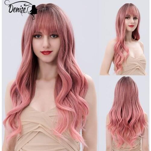 Pink Long Wave Ombre Natural Colored Hair Synthetic Wig For White Women Daily Cosplay Wavy Heat Resistant Female Fiber Wigs