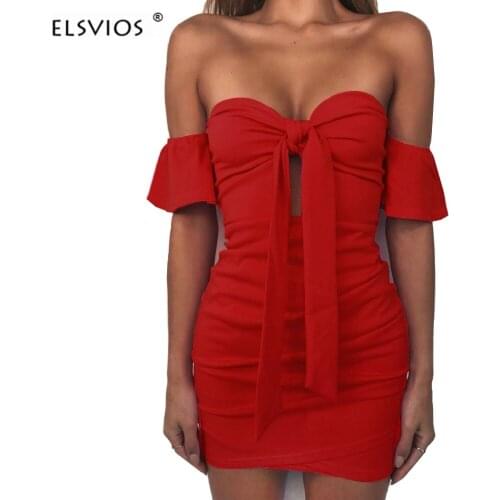 ELSVIOS Summer Strapless Bow Tie Sexy Bandage Dresses Robe Female Pleated Tunic 2018 Vestidos Mini Elastic Waist Party Dress
