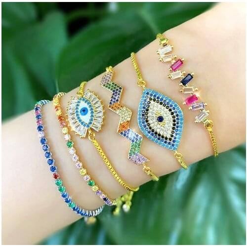 Eye wave multicolor crystal micro pave cz zircon cubic zirconia Bracelet Adjustable silicone Snake Chain Jewelry hru56