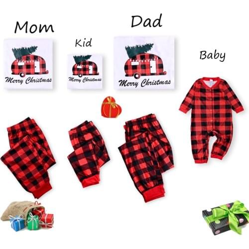 Christmas Parent-child Family Outfit Plaid Printing Letter Classic Round Neck Pajamas Father Mother Kids Baby Xmas Matching