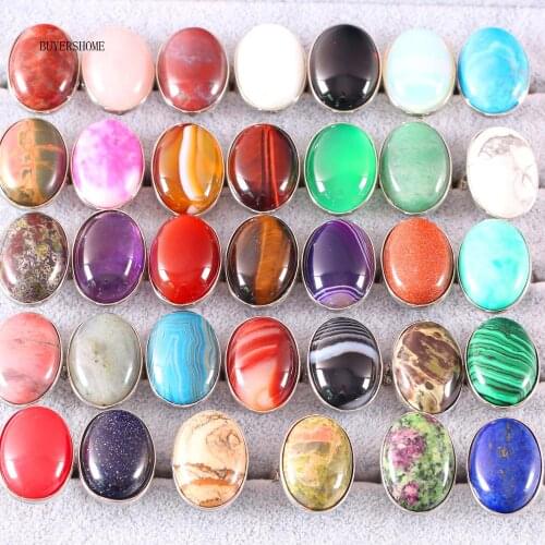 Pink Crystal Quartz Finger Ring For Women Men Natural Stone Oval Bead Blue Lapis Red Zoisite Opal Adjustable Ring Jewelry Gift