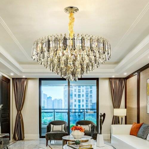 Modern Post Modern Gray Clear Lustre K9 Crystal Led Pendant Light Adjustable Chain Pendant Lamp Luxury Gold Suspend Lamp Fixture