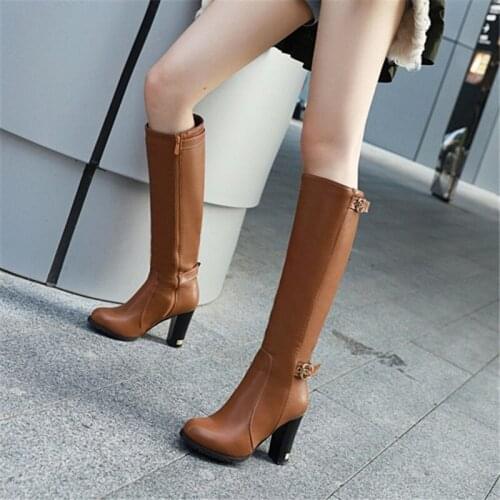 PXELENA Large Size 34-43 Female Block High Heels Riding Knight Long Boots Metal Buckle Zip Women Winter Shoes Knee High Boots