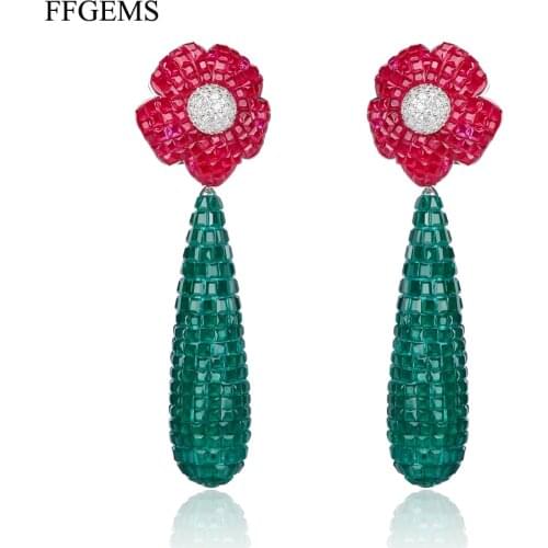 FFGems New Design 925 Silver Drop Big Earring Flower Created Nano Ruby Emerald Invisible Fine Jewelry Women Wedding Party Gift