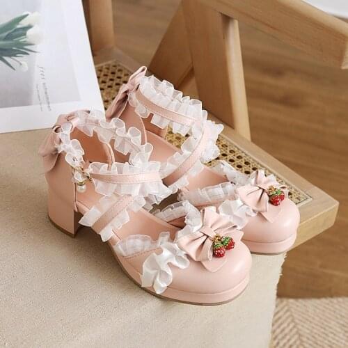 OLOMLB Womens Lolita Round Toe Bowknot Strawberry Kawaii Cosplay Shoes Sandals Block Heel Plus Size Mary Janes